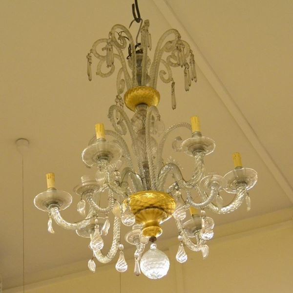 Lampadario, sec. XIX, in vetro, a nove bracci, cm 92x70, difetti e mancanze