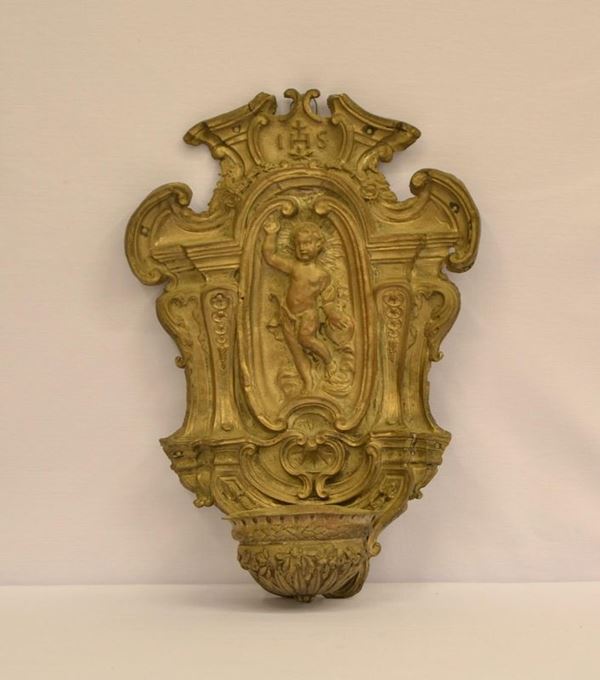  Acquasantiera, sec. XVIII,  in metallo argentato,