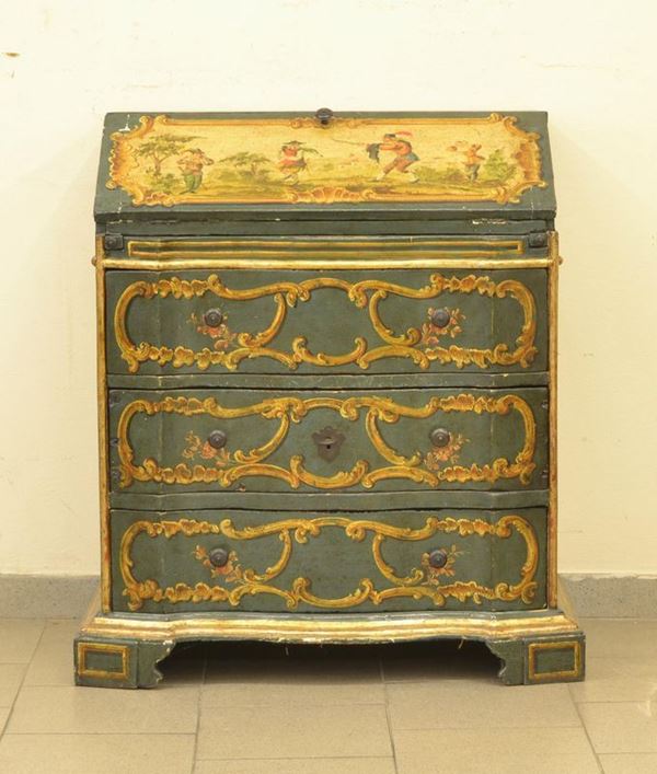  Ribalta, in stile 700,  in legno laccato con decori a personaggi e fiori,