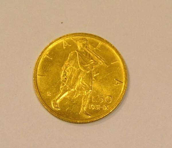  Moneta in oro da lire 50 anno 1931 A. IX   - Asta Gioielli, Argenti, Arredi, Dipinti e Oggetti d'arte - Poggio Bracciolini Casa d'Aste