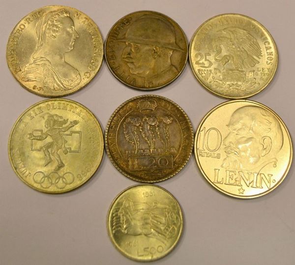  Lotto di sette monete in argento 