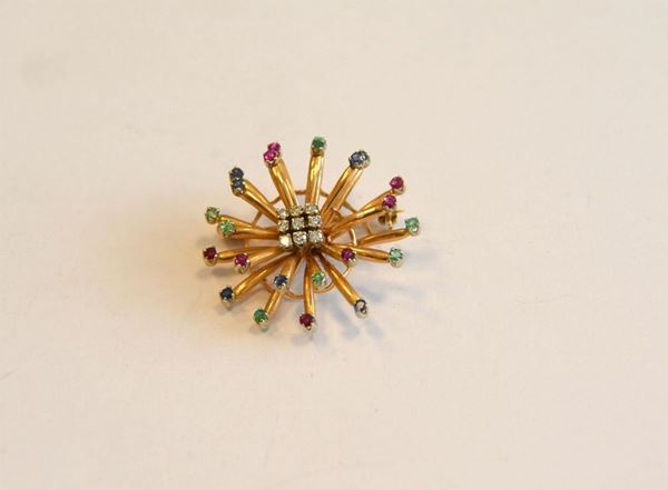  Spilla in oro rosa, brillanti e pietre di colore                            