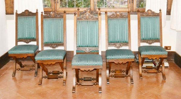  Sei sedie, Toscana, sec. XIX,  in legno intagliato   - Asta Gioielli, Argenti, Arredi, Dipinti e Oggetti d'arte - Poggio Bracciolini Casa d'Aste