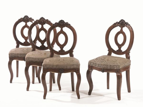  Quattro sedie, fine sec. XIX, in palissandro intarsiato in bois de rose,    