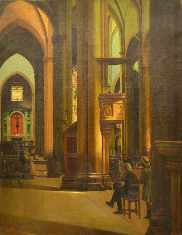 Antonio Maria Aspettati ( 1880-1949 ) INTERNO DI CATTEDRALE olio su tela, cm 93x70 firmat