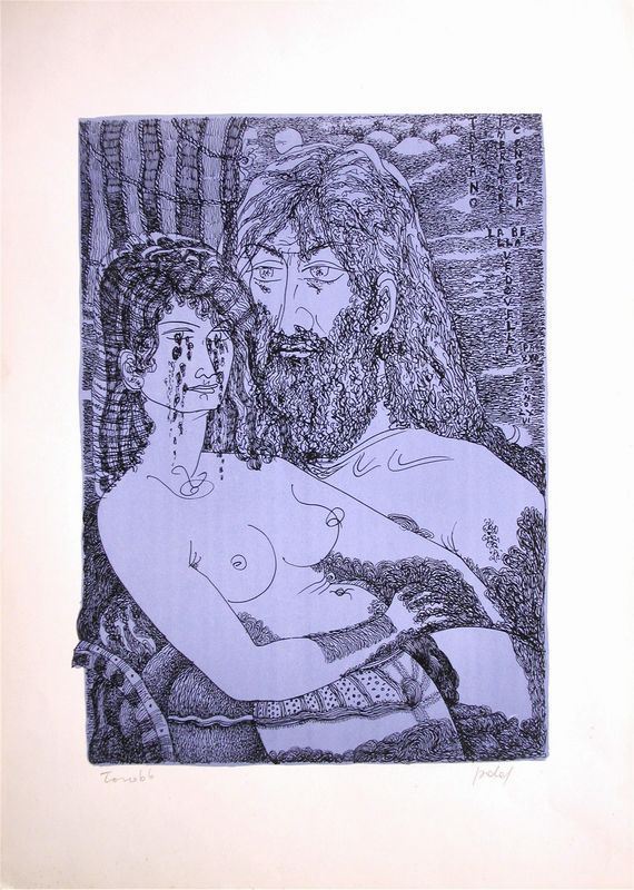 Tono Zancanaro ( Padova 1906-1985 ) TRAIANO IMPERATORE CONSOLA LA BELLA VEDOVELLA litografia a colori, cm 70x50 firmato, titolato e datato Ã”Ã‡Â£LXVIÃ”Ã‡Ã˜  Tono Zancanaro ( Padova 1906-1985 ) POPPEA TEUCRA IMPERATRICE litografia a colori, cm 70x50 firmato, titolato e datato 1975  Tono Zancanaro ( Padova 1906-1985 ) MANFREDINO E LA FIGLIA COSTANZA litografia a colori, cm 70x50 firmato, titolato e datato Ã”Ã‡Ã¿6