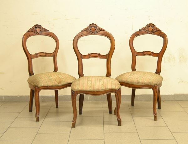  Tre sedie, Luigi Filippo, sec. XIX,  in noce, schienale lavorato,