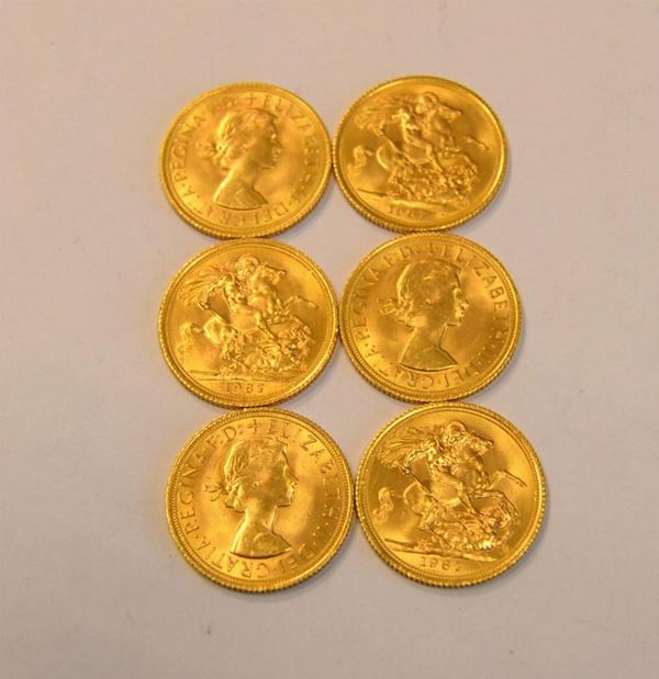  Sei monete in oro &nbsp; Sterlina , g 47,9 (6)                                                                           