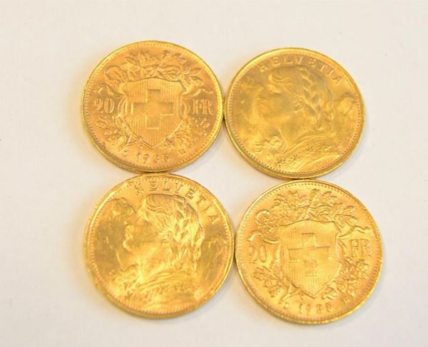  Quattro monete in oro  20 franchi Svizzera, g 25,8 (4)                                                                             - Asta Antiquariato, collezionismo e gioielli - Poggio Bracciolini Casa d'Aste