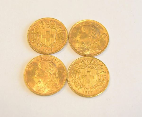  Quattro monete in oro  20 franchi Svizzera, g 25,8 (4)                                                                           