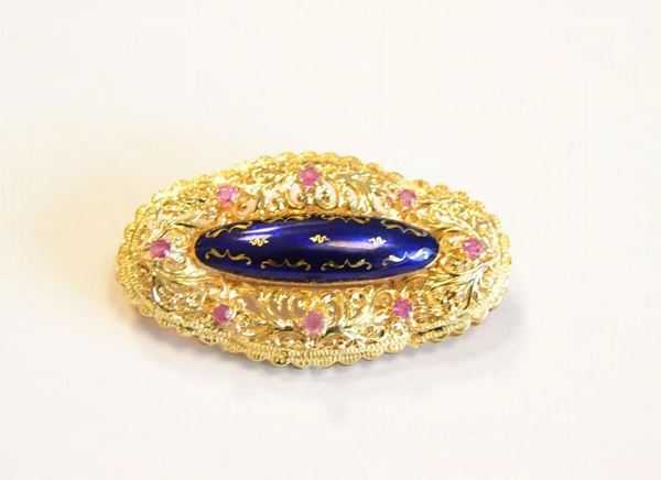  Spilla in oro giallo ,rubini e smalto   - Asta Antiquariato, collezionismo e gioielli - Poggio Bracciolini Casa d'Aste