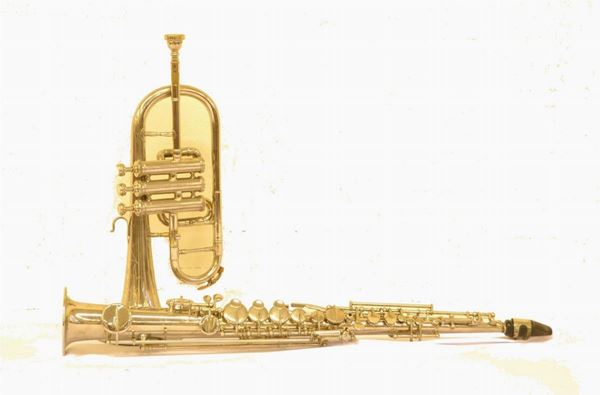  Tromba, inizi sec. XX,  con incisione Rallins Band, difetti  - Asta Antiquariato, collezionismo e gioielli - Poggio Bracciolini Casa d'Aste
