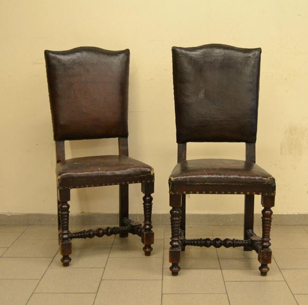  Coppia di sedie, in stile 600,  in pioppo, seduta e schienale 