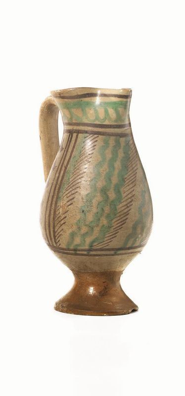 Boccale, Alto lazio sec XIV, ceramica arcaica, decoro in verde ramina e bruno di manganese, alt. cm 2