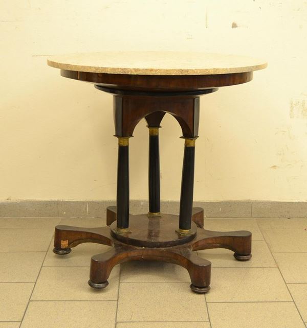  Tavolino, Impero,  in noce, piano circolare con marmo, 