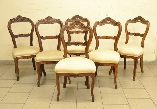  Sei sedie, Toscana, sec. XIX,  in noce, spalliera   - Asta Antiquariato, collezionismo e gioielli - Poggio Bracciolini Casa d'Aste