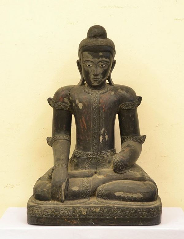  Grande scultura Buddha, sec. XIX,  in legno intagliato,