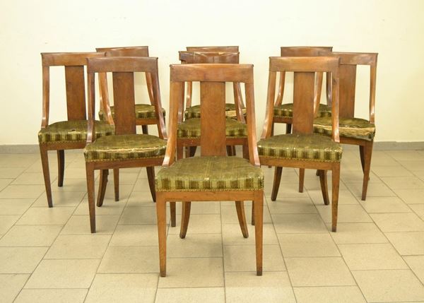  Nove sedie, Direttorio, sec. XIX,  in noce, sedute imbottite e 