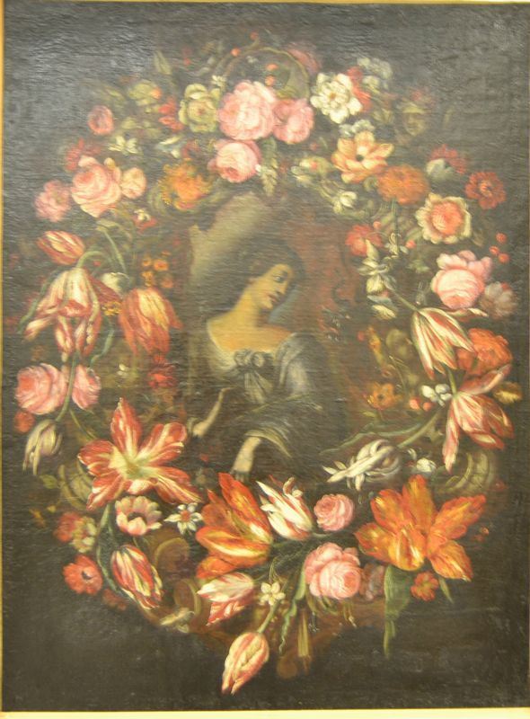 SCUOLA ITALIANA SEC.  XVIII Figura di donna entro ghirlanda di fiori e putti ,cm 100x74 (restauri)