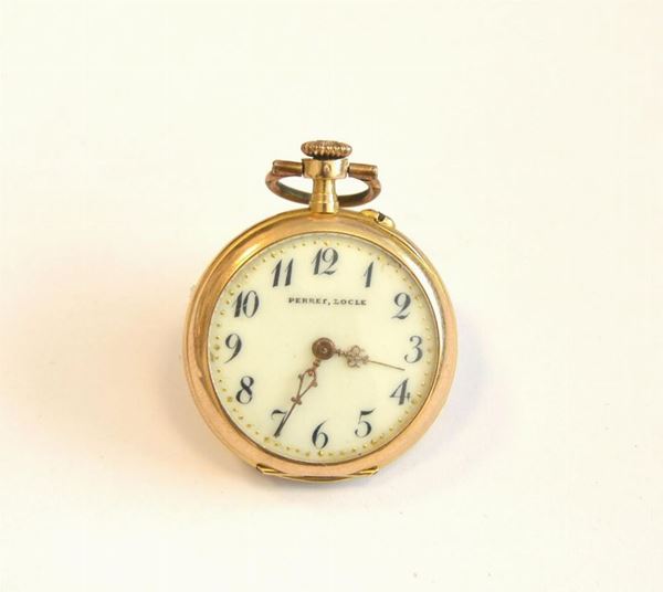  Orologio da taschino, inizi sec XX,  Perret-Locle , in oro giallo e rubini 