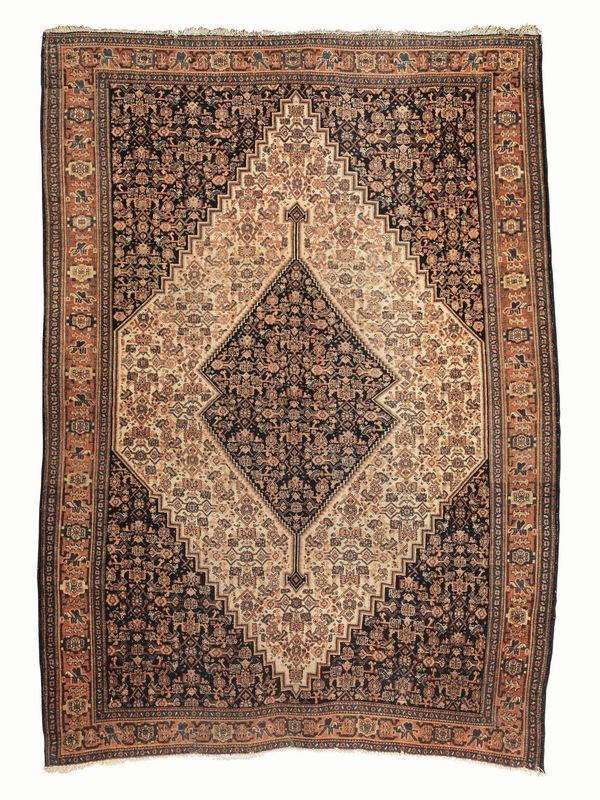   TAPPETO SENNE', PERSIA, INIZI SECOLO XX  fondo blu con grande medaglione romboidale al centro, cm 210x140           