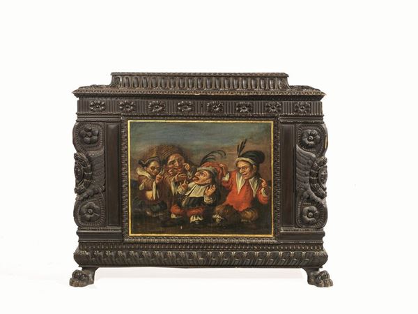 COPPIA DI CASSE IN STILE RINASCIMENTALE, SEC. XIX parte superiore ad urna da alzarsi decorata con girali vegetali, fronte con inserti in tela dove sono raffigurate SCENE DI GENERE, SCUOLA DELL'ITALIA DEL NORD, SECC. XVII-XVIII, base baccellata, piedi a zampa ferina, cm 125x51,5x104 (2)