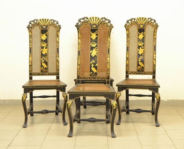  Quattro sedie, Veneto, sec. XVIII,  in legno laccato e decorato