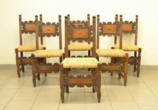  Sei sedie, in stile veneto del 600,  in noce  - Asta Gioielli, argenti, modernariato, mobili e dipinti - Poggio Bracciolini Casa d'Aste