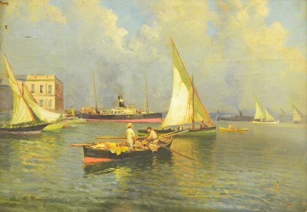  Scuola napoletana, inizi sec. XX   - Asta Gioielli, argenti, modernariato, mobili e dipinti - Poggio Bracciolini Casa d'Aste