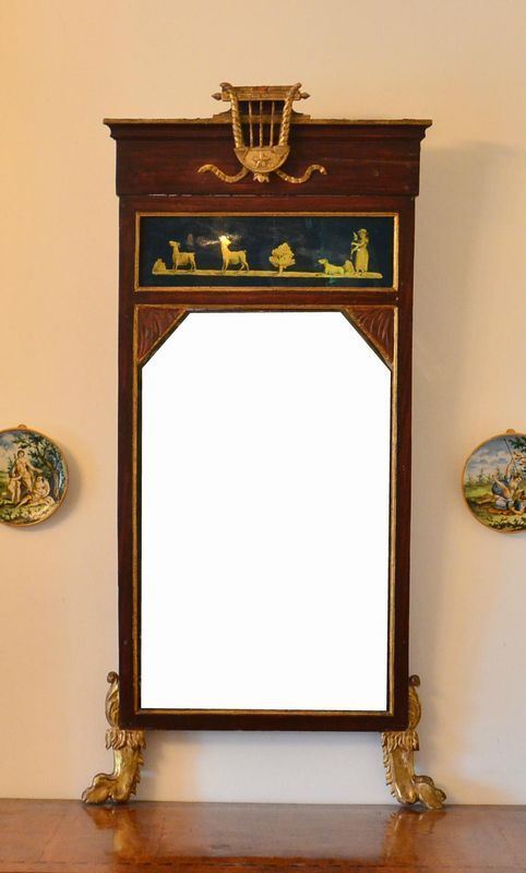         Specchiera, Impero, sec. XIX,  in legno laccato, formella in vetro decorata