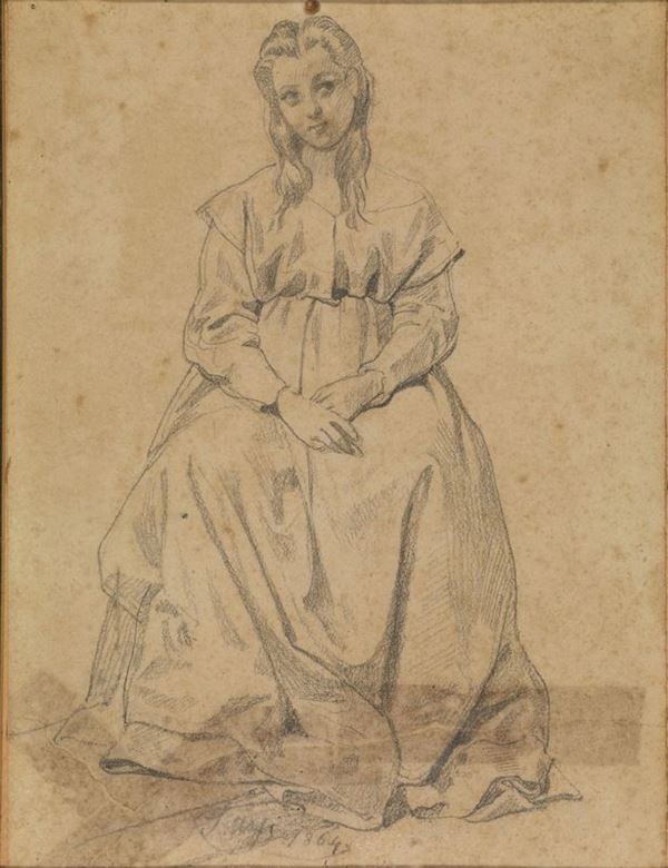 DUE DISEGNI Ussi, Stefano, Ragazza seduta. Matita di grafite su carta. mm 210x163. Firmato e datato Ã”Ã‡Â£1864Ã”Ã‡Ã˜. Campriani, Alceste, Ritratto a mezzobusto di uomo in alta uniforme. Matita di grafite su carta. mm 220x127. Firmato. (2).