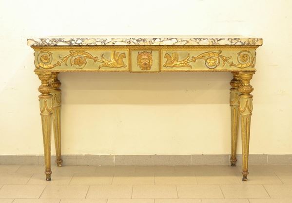  Console, Luigi XVI,  in legno laccato verde-oro,   piano 