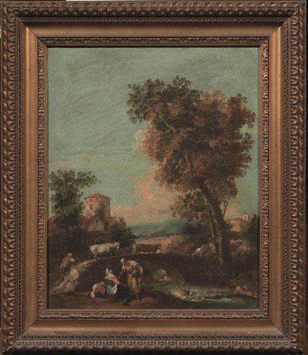  Seguace di Giuseppe Zais, fine sec. XVIII-inizi XIX   - Asta Gioielli, argenti, modernariato, mobili e dipinti - Poggio Bracciolini Casa d'Aste