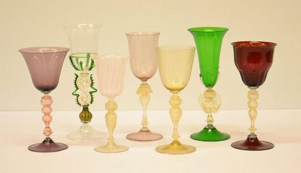 Sette bicchieri, sec. XX, in vetro di Murano