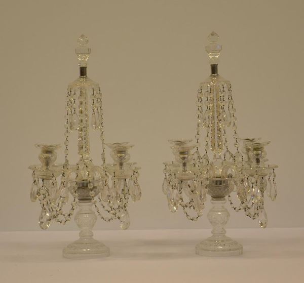Coppia di candelieri, inizi sec. XX, in vetro con