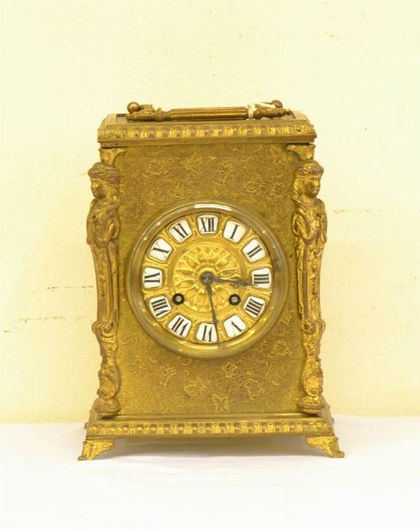 Orologio da tavolo, Francia, sec. XIX, in bronzo dorato e lavorato, mostra