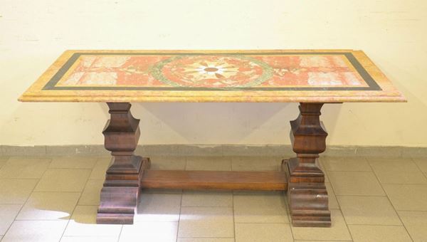 Tavolo, sec. XX, piano in marmo decorato,