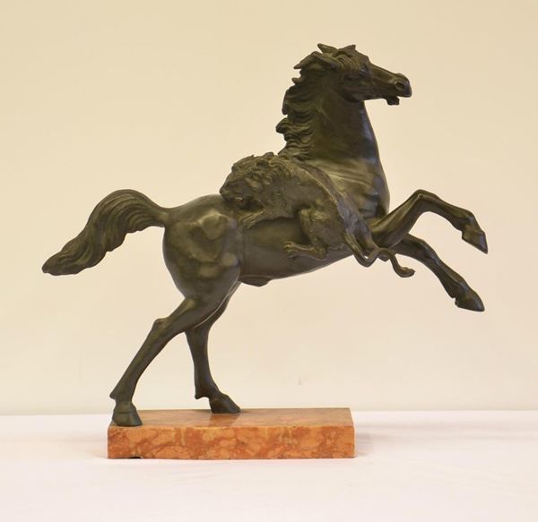 Scultura, inizi sec. XX, in bronzo, raffigurante un cavallo