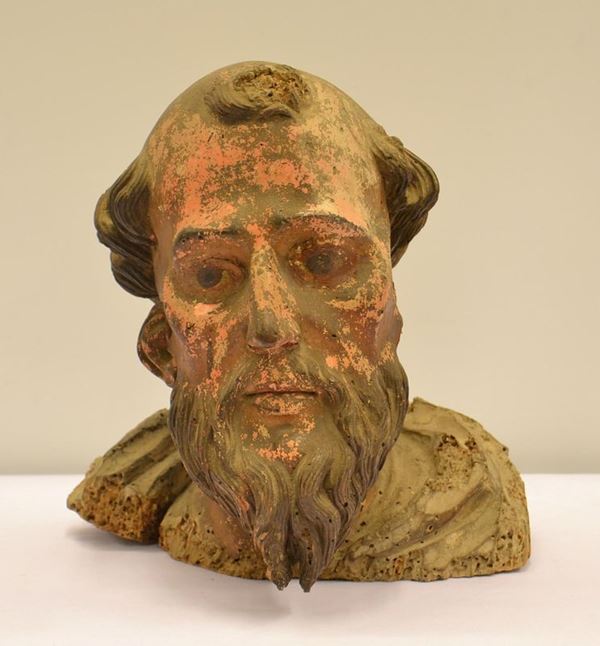 Scultura, sec. XVI, in legno, raffigurante testa di Santo,