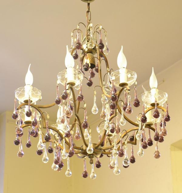 Lampadario, sec. XX, in ottone, otto luci
