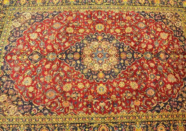 Tappeto persiano Ferahan, in lana merinos, fondo rosso,