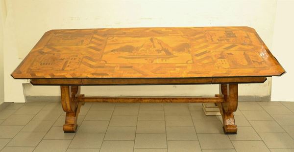 Tavolo, Biedermeier, sec. XIX, piano rettangolare in radica di ulivo e