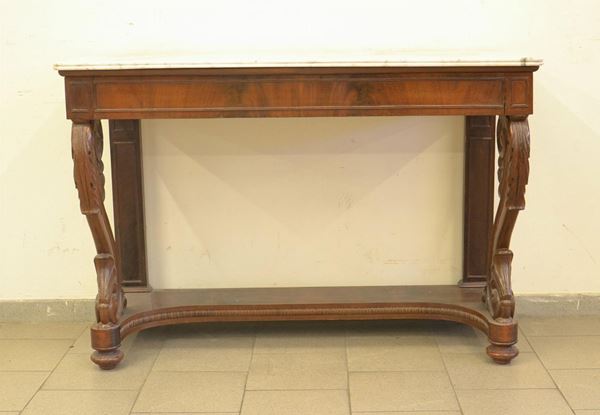 Consolle, fine sec. XIX, in noce, piano in marmo, un cassetto,