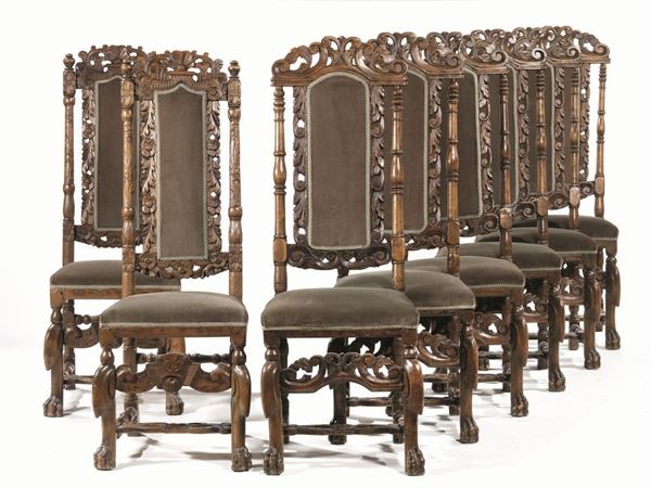 Sei sedie, Inghilterra, met&agrave; sec. XVII, in noce e legno dolce intagliati,&nbsp;