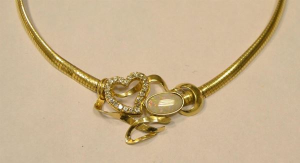 Collana girocollo in oro giallo, diamanti e perle