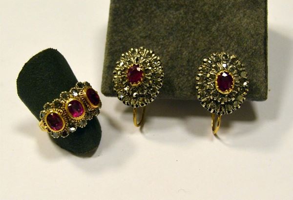Demi-parure in oro, argento, diamanti e rubini