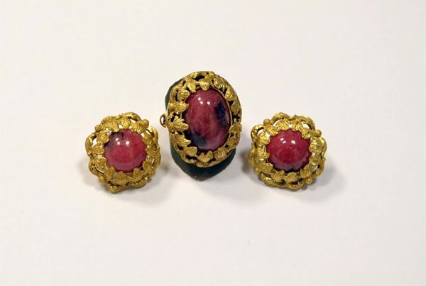 Demi-parure in oro giallo e rodonite composto da