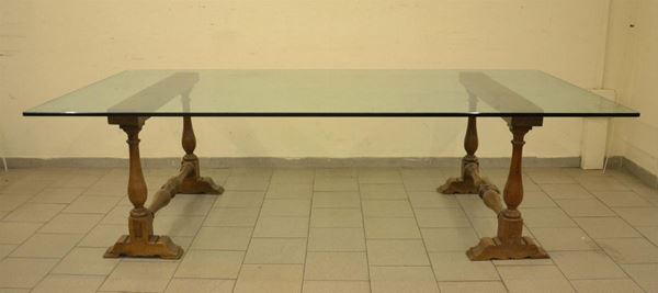 Tavolo, sec. XX, piano in cristallo,