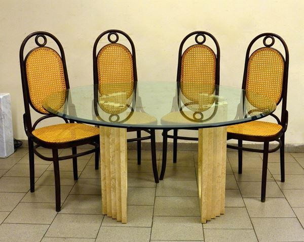 Tavolo, anni 80, piano circolare in vetro,