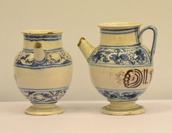Due brocche, Savona, sec. XVIII, in maiolica smaltata,